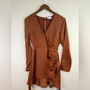 Pink Lily Rust Brown Wrap Long Sleeve Midi romper